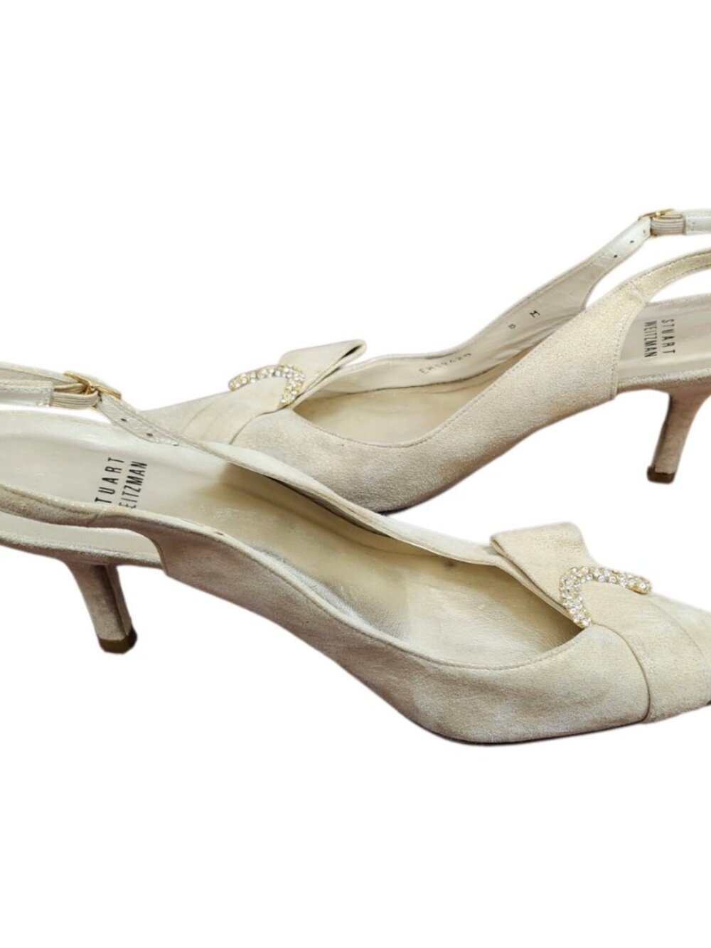 Stuart Weitzman Slingback Heels Beige Suede Rhinestone Buckle Pointed Toe US 8 M - Picture 7 of 11